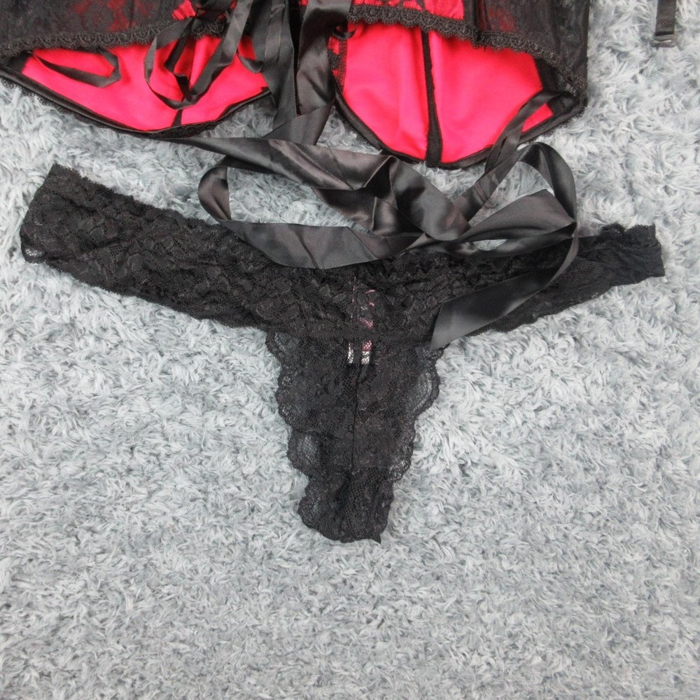 Adore Me Corset Bustier Set Womens 1X Black Lace Satin Garter Thong Lingerie NWT - Picture 3 of 16